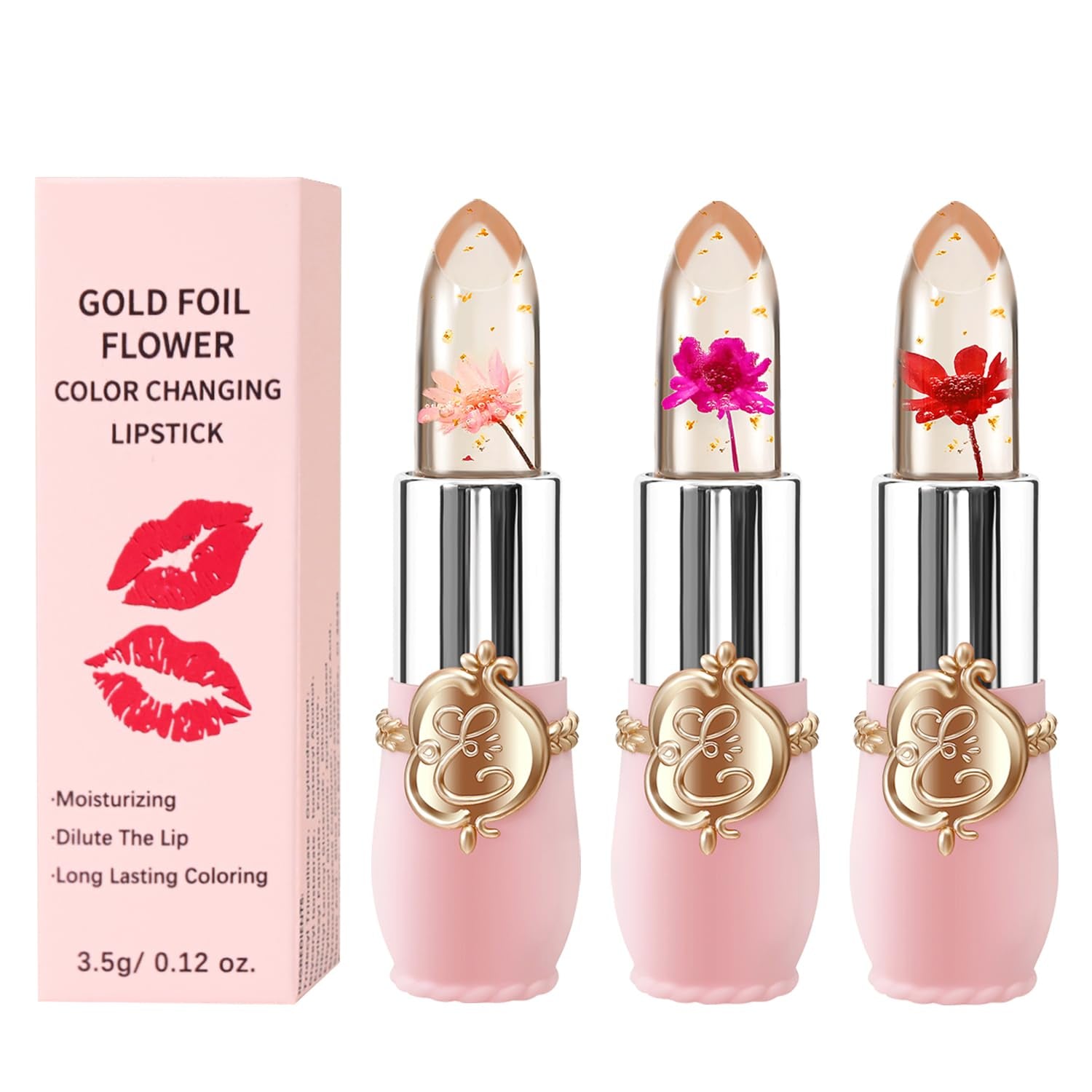 3 Pcs/Set Flower Jelly Lipstick Set Temperature Change Moisturizer Long Lasting Nutritious Balm Magic Color Change Lip Gloss (3Pcs Flower Jelly Lipstick 010203)