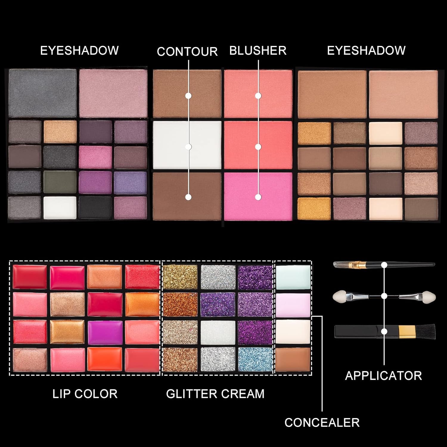 All in One Makeup Gift Kit - Ultimate Color Combination - 36 Eyeshadow, 28 Lip Gloss, 3 Blusher, 4 Concealer, 3 Contour Powder, 3 Brushes, 1 Mirror, 74 Colors Palette Set