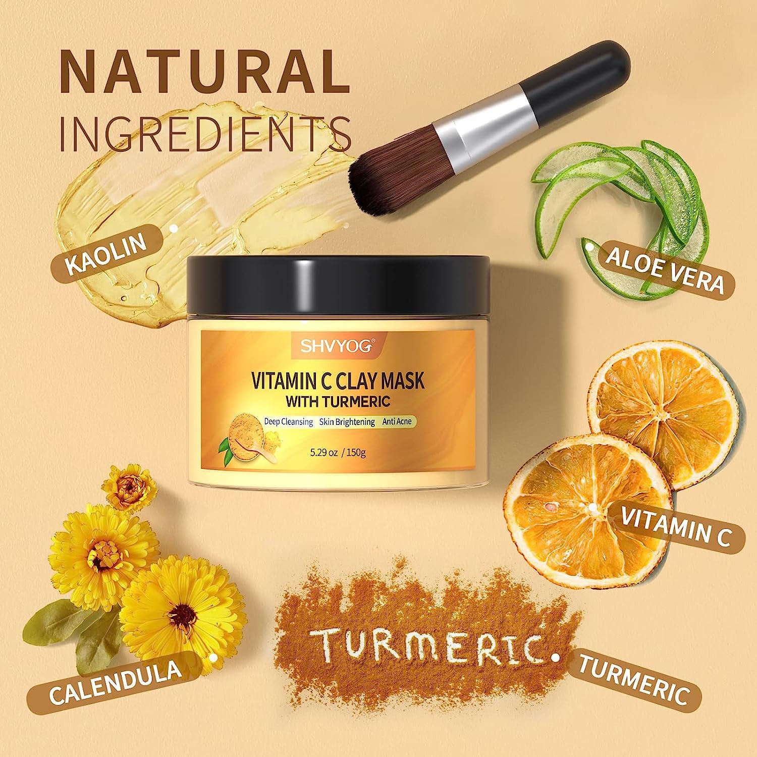 Vitamin C Face Mask with Kaolin Clay and Turmeric for Dark Spots, Dull Skin, Skincare Facial Mask for Controlling Oil and Refining Pores 5.29 Oz