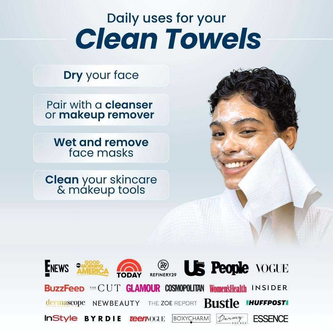 Clean Towels XL™ Supreme, 100% USDA Biobased Dermatologist Approved Face Towel, Gentle Exfoliation, Disposable Facial Washcloth, Makeup Remover Dry Wipes, 50 Count