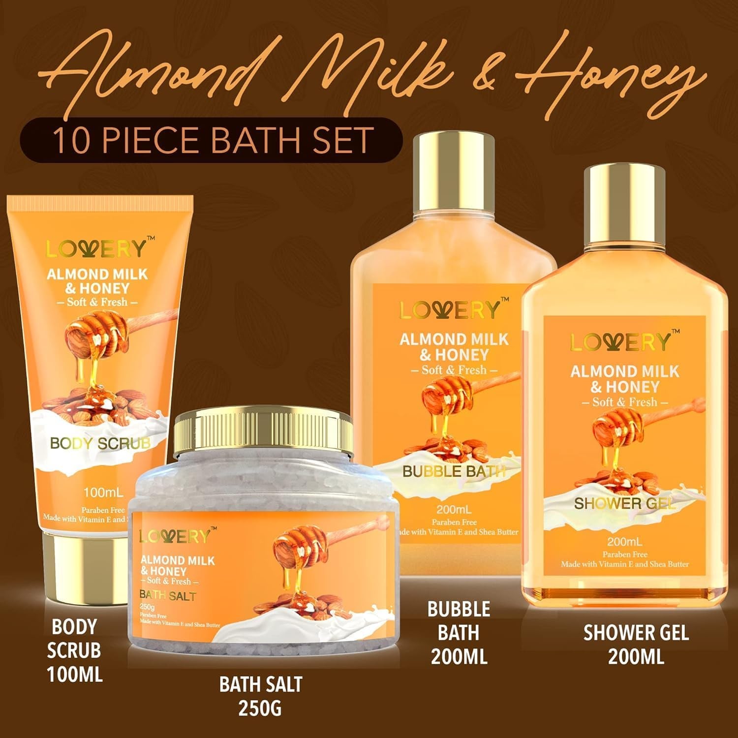 Gift Basket for Women - 10 Pc Almond Milk & Honey Beauty & Personal Care Set - Home Bath Pampering Package for Relaxing - Spa Self Care Kit - Thank You, Birthday, Mom, Anniversary Gift