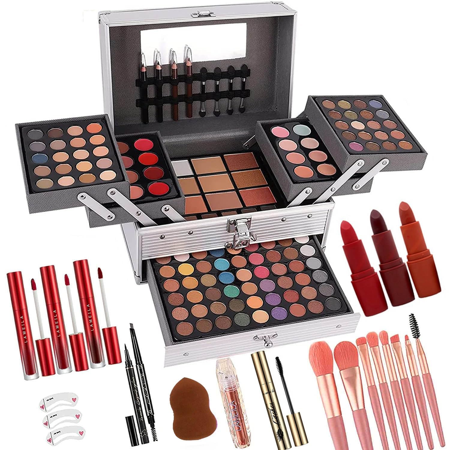 132 Color All- In- One Makeup for Women Full Kit,Professional Makeup Kit,Makeup Gift Set for Women,Girls&Teens,Include Eyeshadow/Lipstick/Concealer/Lip Gloss/Eyeliner/Mascara（006N2-Silver）