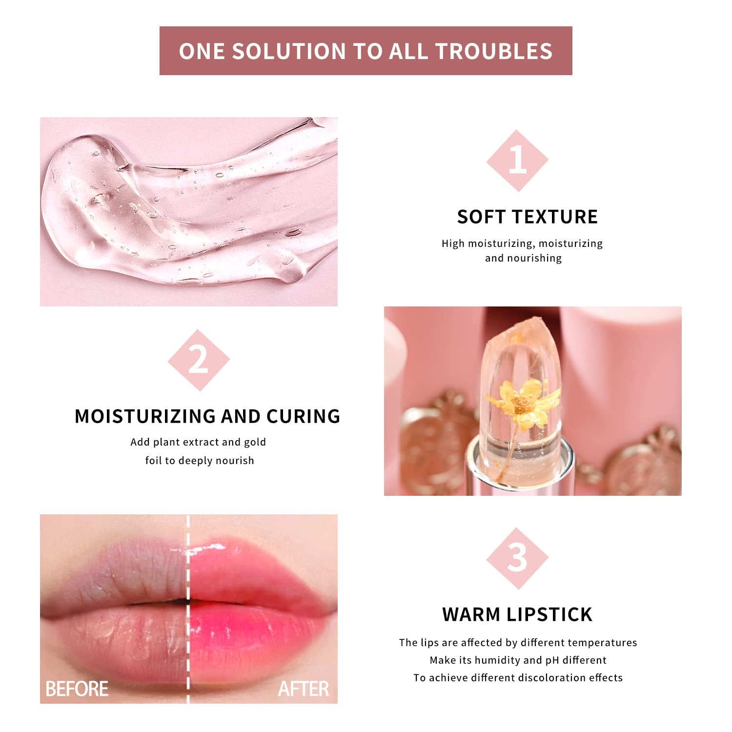 3 Pcs/Set Flower Jelly Lipstick Set Temperature Change Moisturizer Long Lasting Nutritious Balm Magic Color Change Lip Gloss (3Pcs Flower Jelly Lipstick 010203)