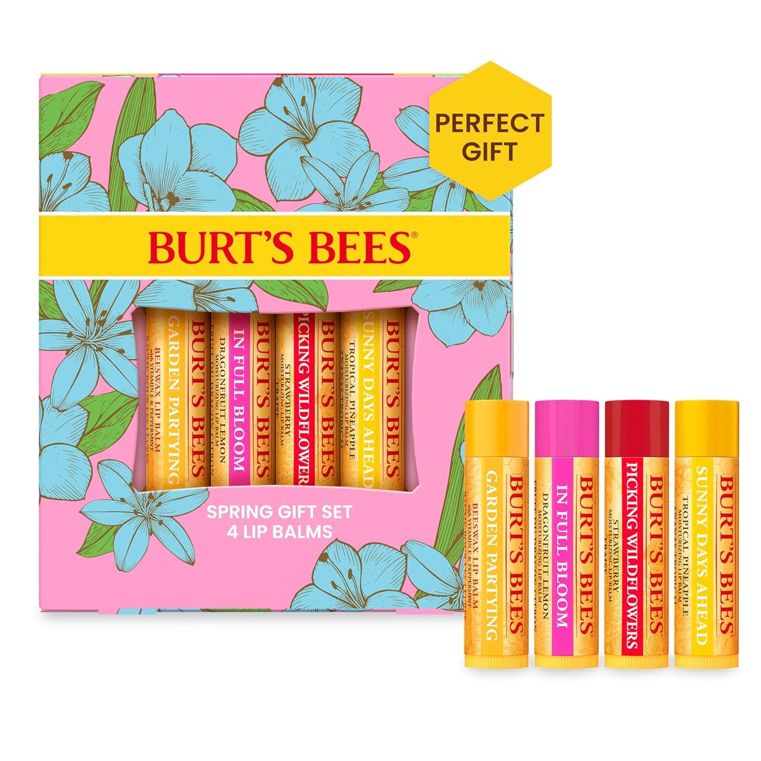 Stocking Stuffers, in Full Bloom Lip Balm Set, Original Beeswax, Dragonfruit Lemon, Tropical Pineapple & Strawberry, Natural Origin Lip Treatment Christmas Gifts (4-Pack)