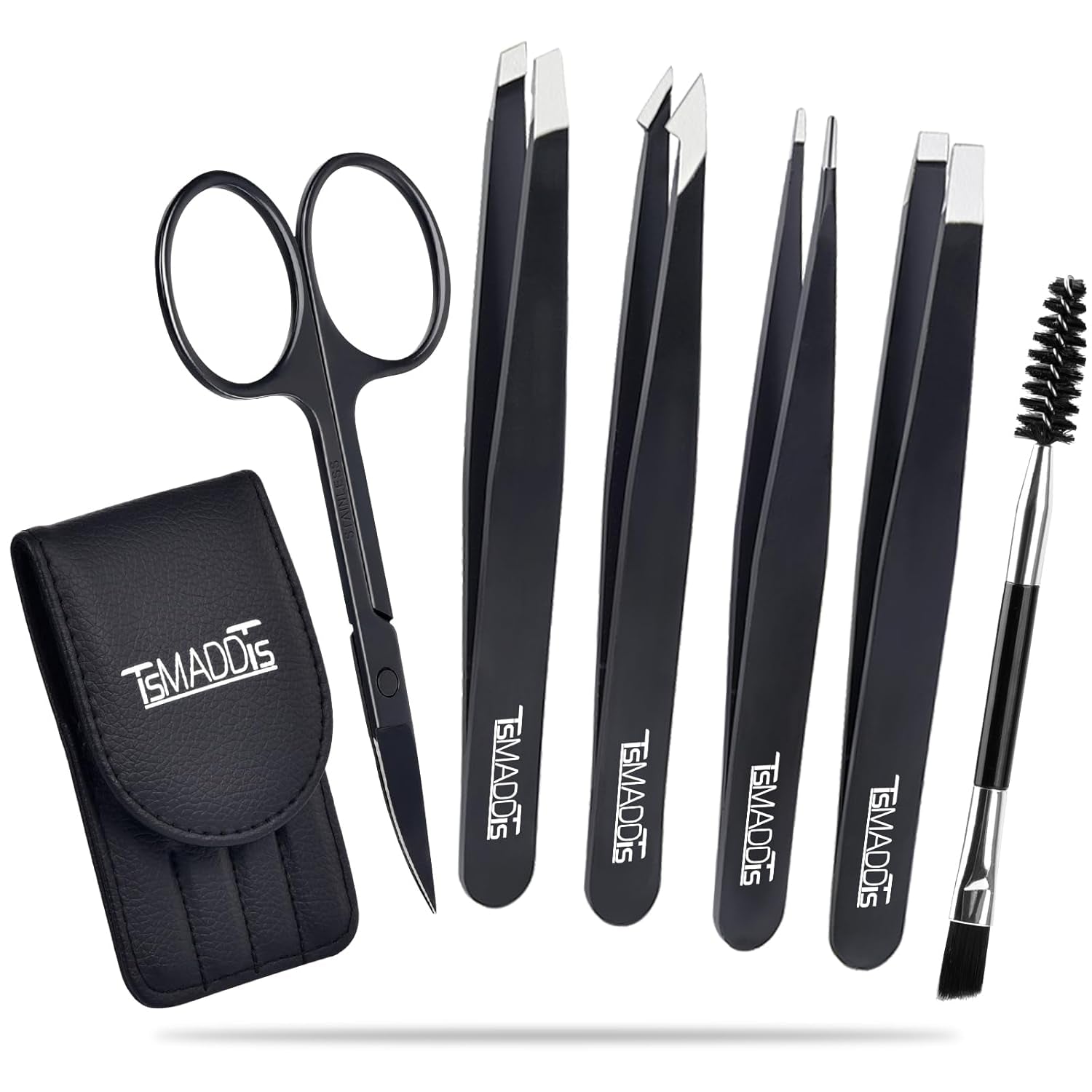 Tweezers Set and Curved Scissors, Professional Stainless Steel Tweezers for Women and Men, 6 Pack Precision Tweezers for Eyebrows for Ingrown Hair, Daily Beauty Tool with Leather Travel Case