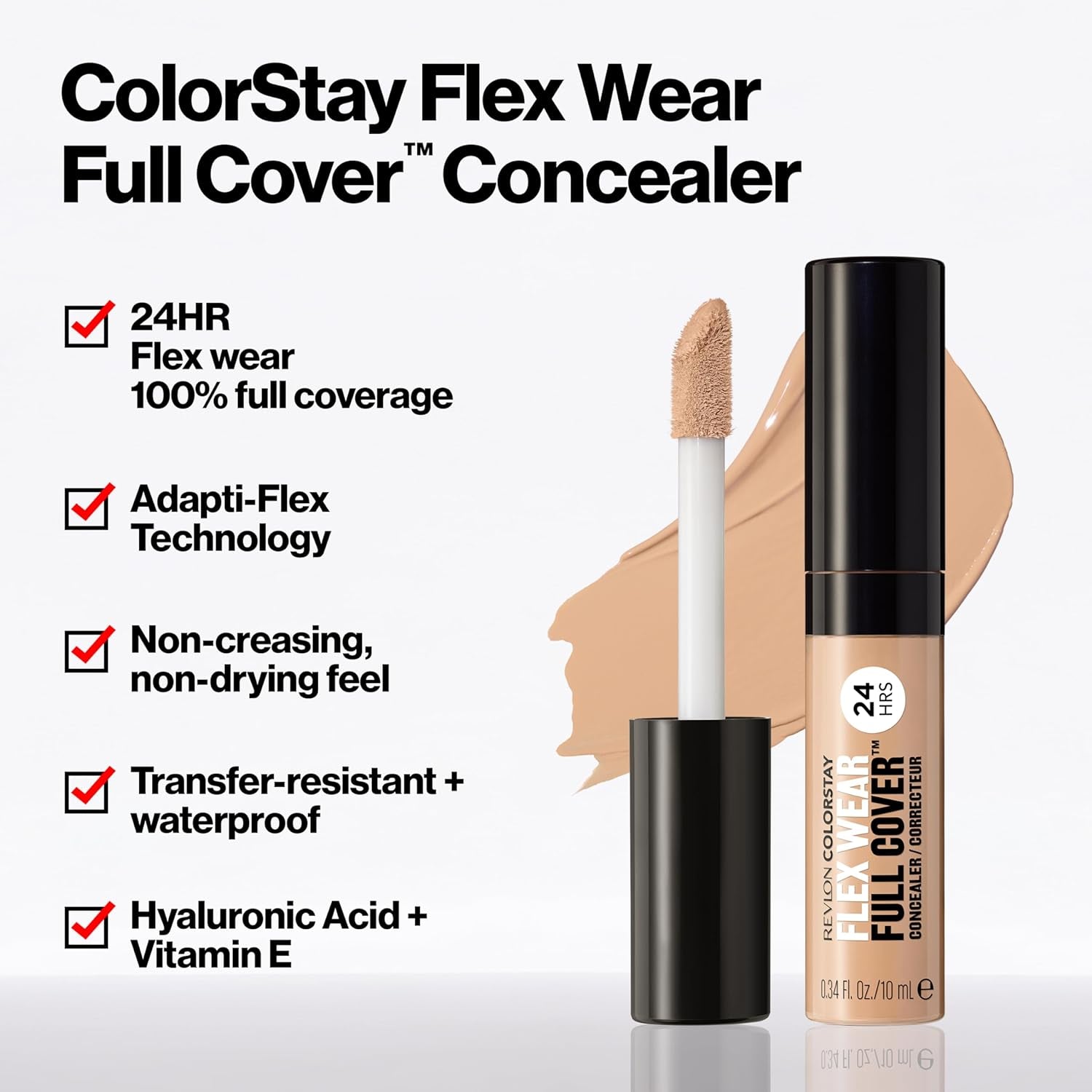 Colorstay Flex Wear, Full Cover Non-Creasing Concealer, Infused with Hyaluronic Acid & Vitamin E, Flexible Longwear, 040 Medium, 0.34 Fl Oz.