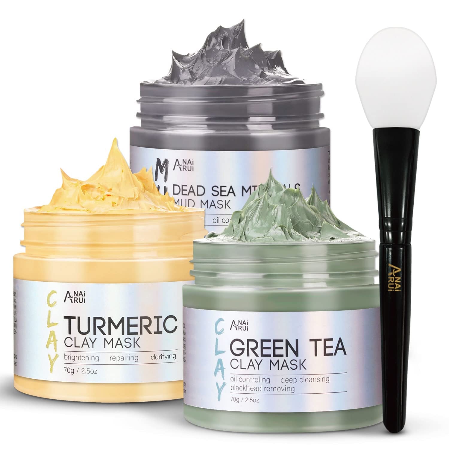 Turmeric Clay Mask - Green Tea Clay Mask - Dead Sea Minerals Mud Mask, Spa Facial Mask Set, Face Mask Gift Set 2.5 Oz Each