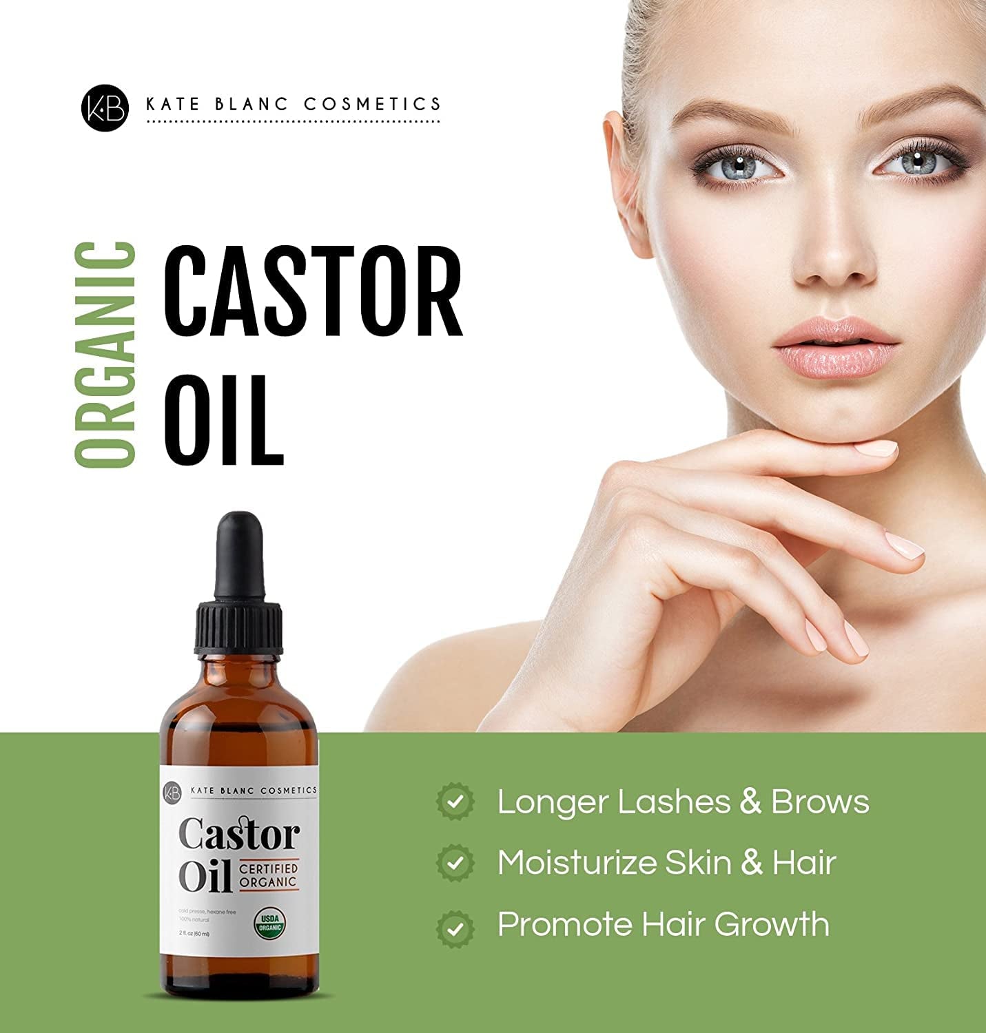 Castor Oil Organic (2Oz), 100% Pure, Cold Pressed, Hexane Free. Stimulate Growth for Hair, Eyelashes, Eyebrows. Hair Treatment Starter Kit & Skin Moisturizer