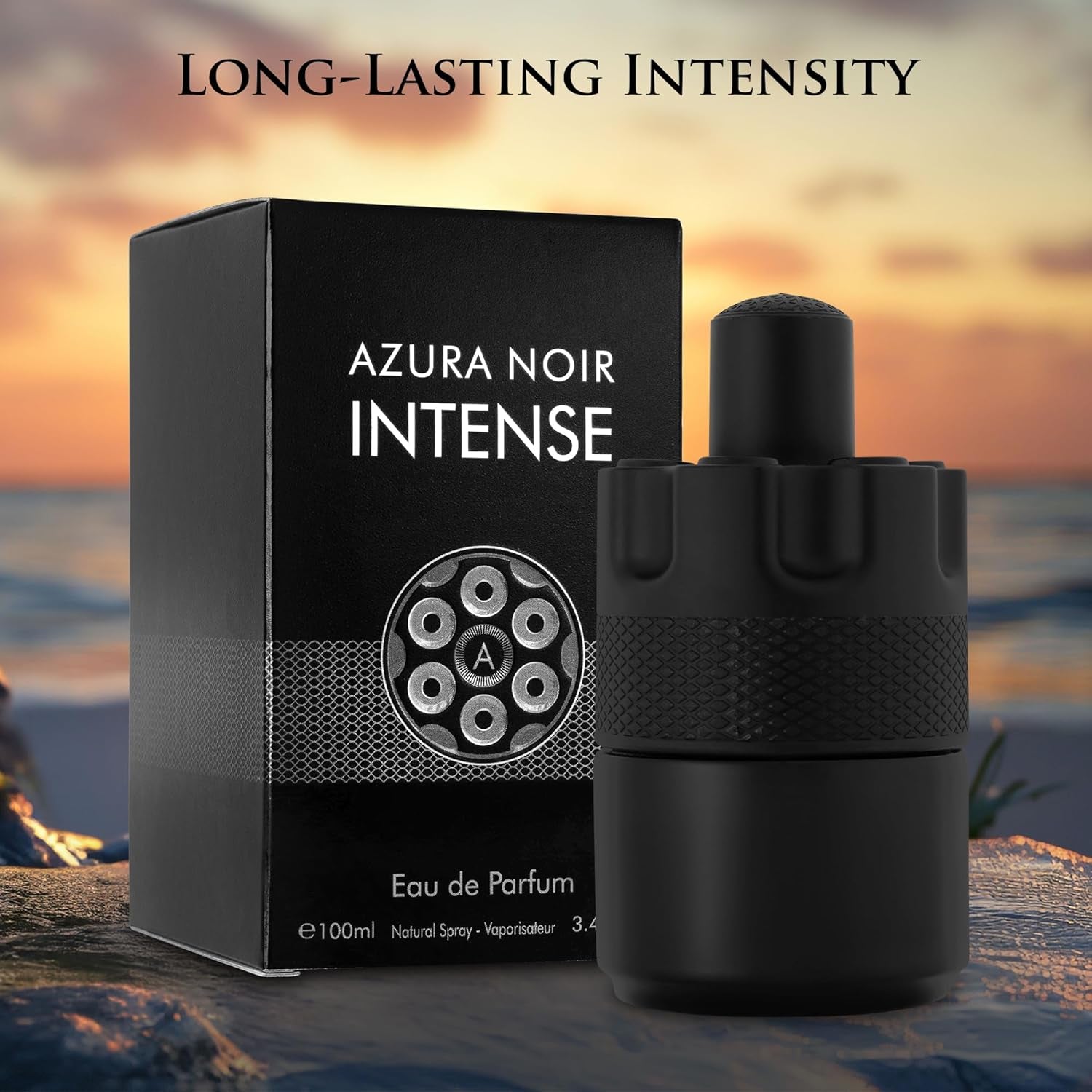 Azura Noir Intense EDP 3.4 Fl Oz- Top Notes of Cardamom Green & Earthy - Sugary Toffee Milky Undertone - Base Scent of Bourbon Vanilla & Vetiver - Long Lasting Fragrance - Elegant 100Ml Bottle