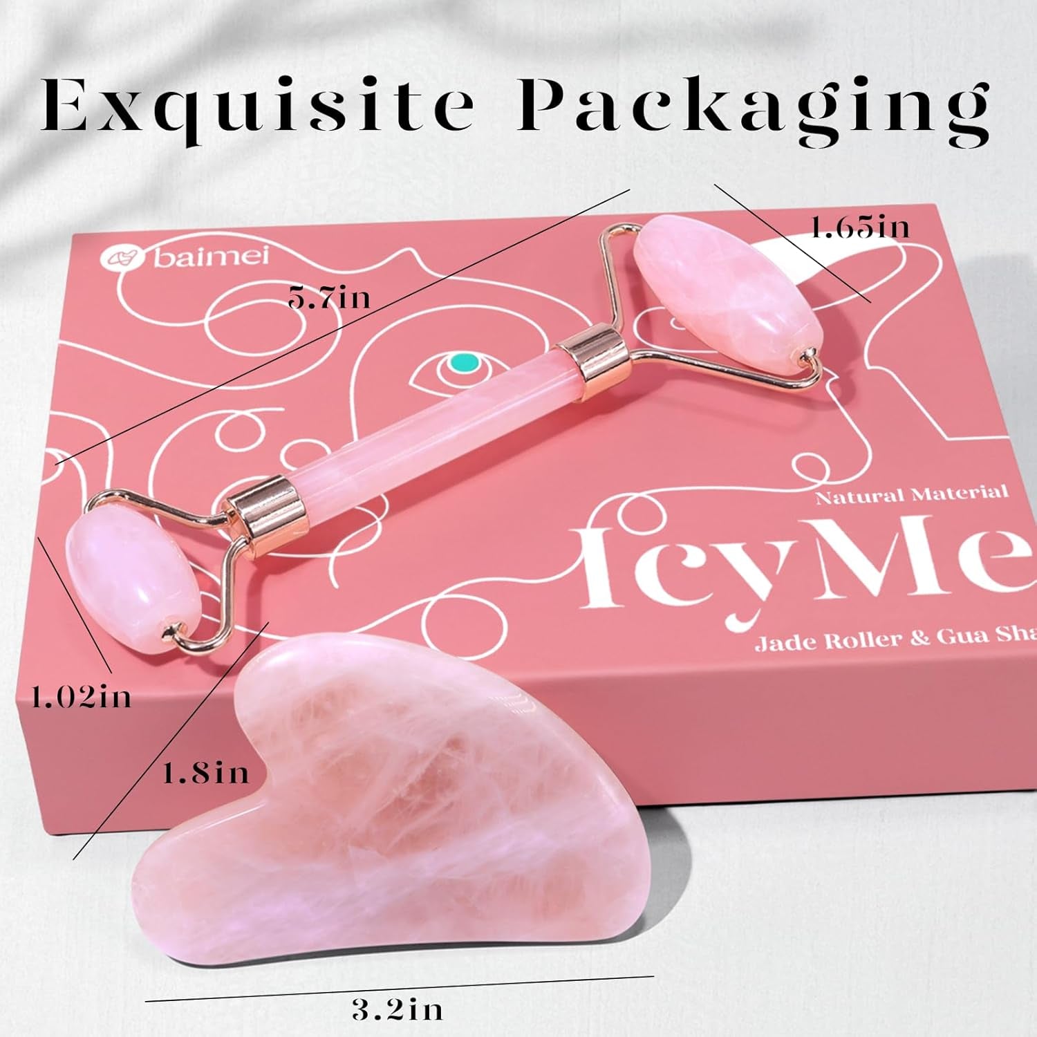 Icyme Jade Roller & Gua Sha, Face Roller Redness Reducing Skin Care Tools, Self Care Pink Gift for Men Women, Massager for Face, Eyes, Neck, Relieve Fine Lines and Wrinkles - Rose Quartz