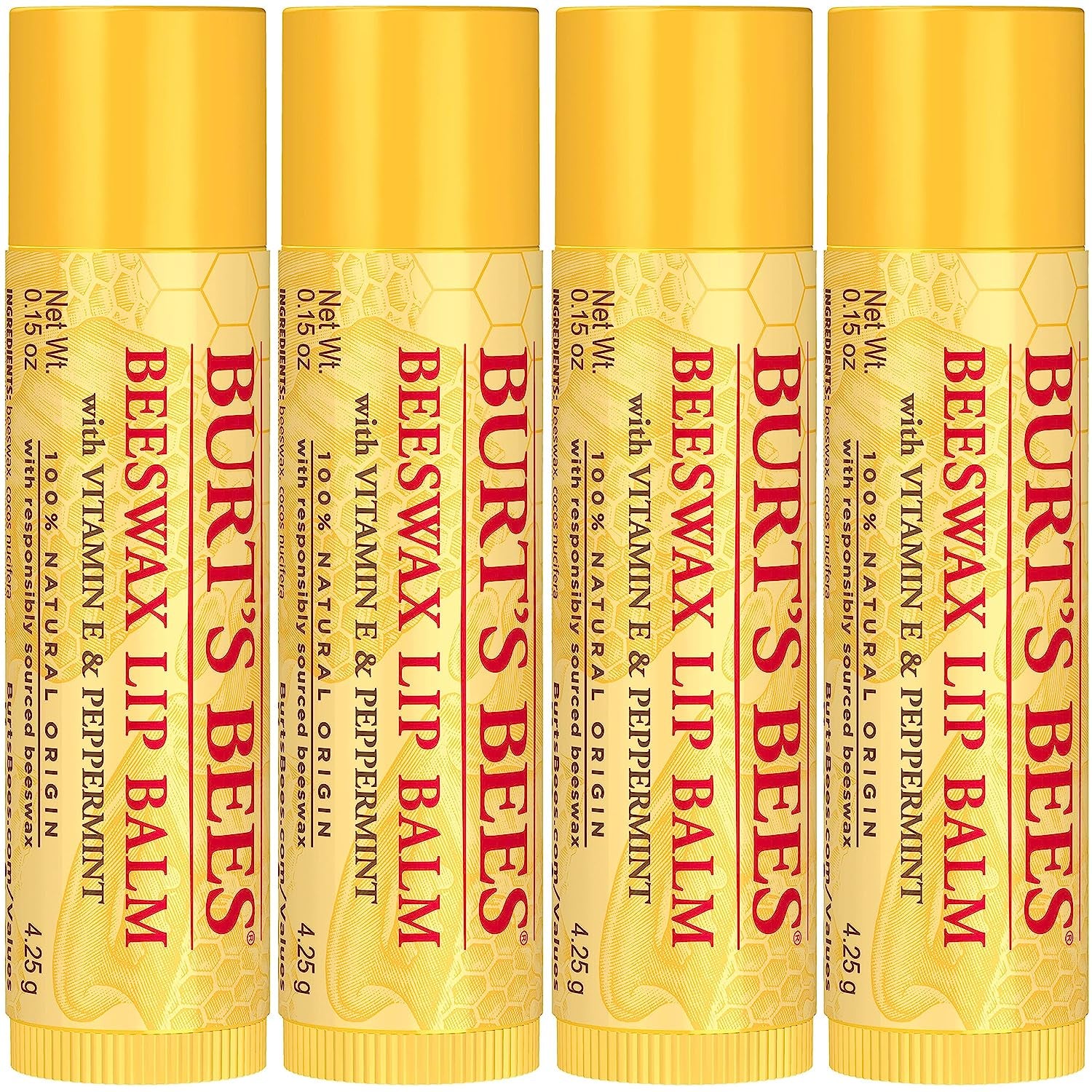 Lip Balm Stocking Stuffers, Moisturizing Lip Care Christmas Gifts, Original Beeswax, Strawberry, Coconut & Pear, Vanilla Bean with Fruit Extracts, Natural Origin Lip Care (4-Pack)