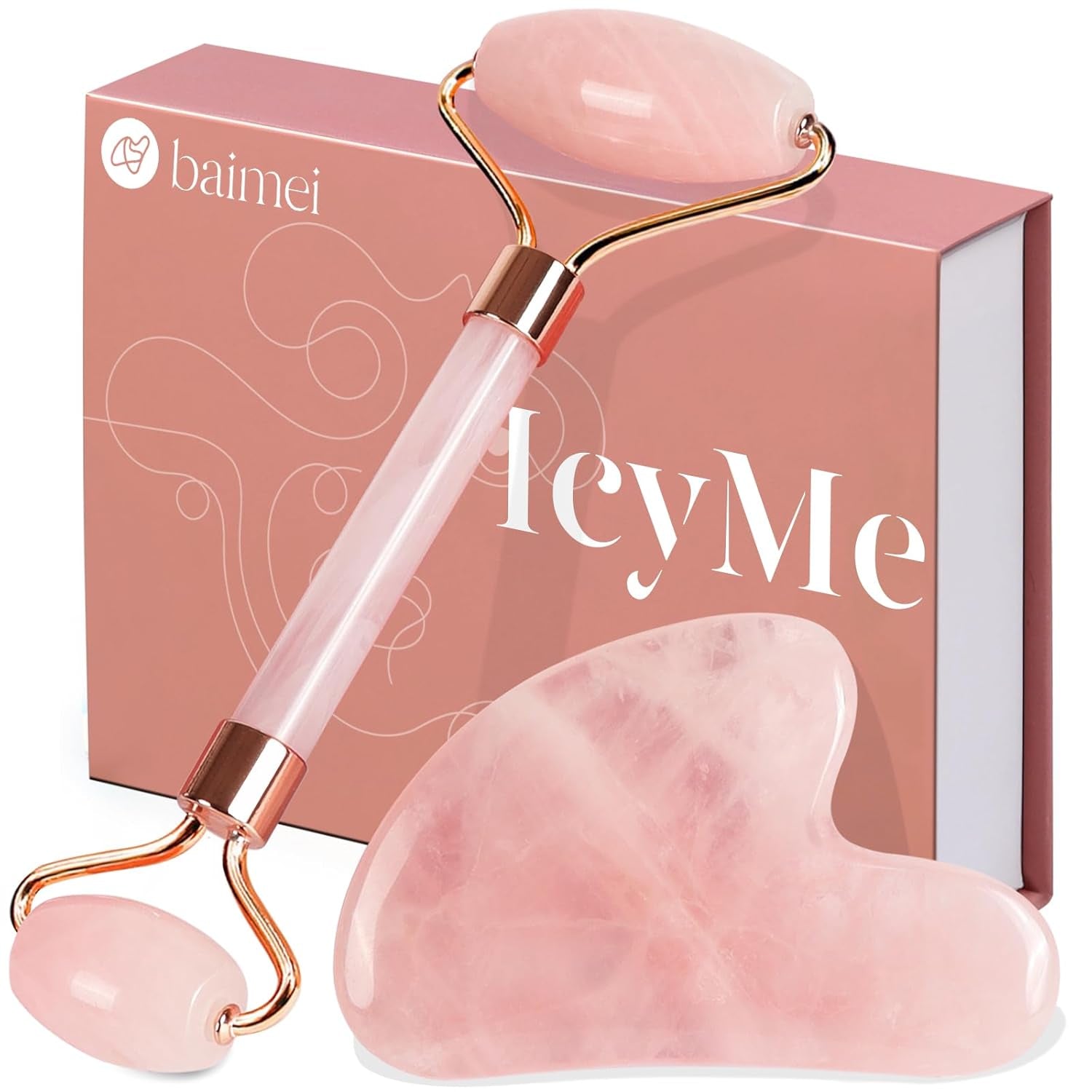 Icyme Jade Roller & Gua Sha, Face Roller Redness Reducing Skin Care Tools, Self Care Pink Gift for Men Women, Massager for Face, Eyes, Neck, Relieve Fine Lines and Wrinkles - Rose Quartz