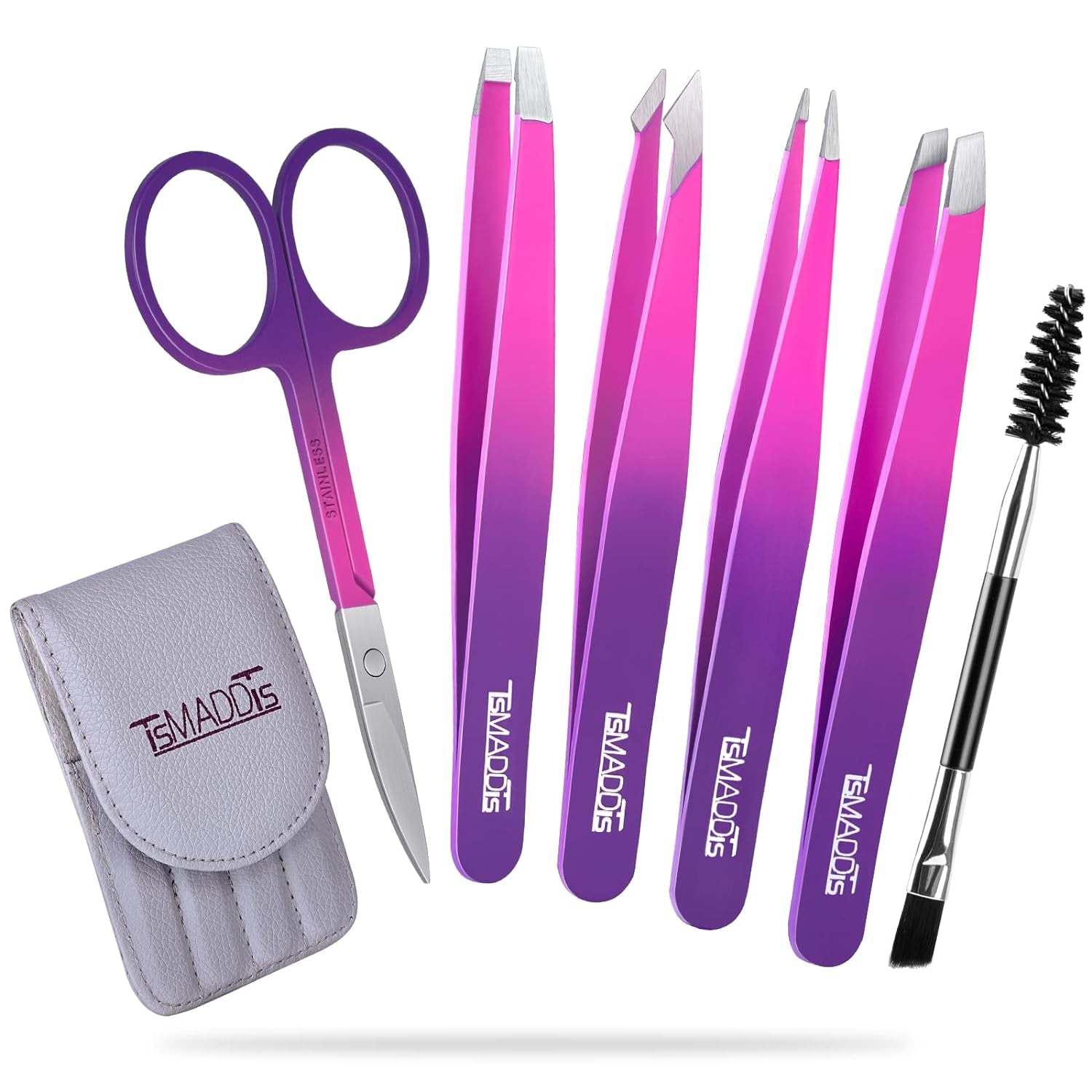 Eyebrow Tweezer Set,  6 Pcs Tweezers Set for Women, Precision Tweezer for Eyebrows with Curved Scissors for Ingrown Hair, Hair Plucking Daily Beauty Tools (Pink&Purple)