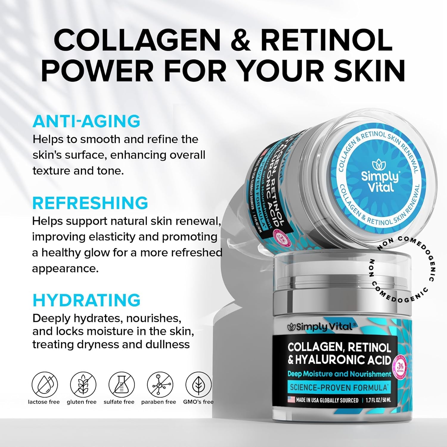 Collagen Face Moisturizer - Anti-Aging Retinol Cream for Face, Neck & Décolleté with Hyaluronic Acid - Made in USA, Daily Moisturizer Face Cream, 2-Pack