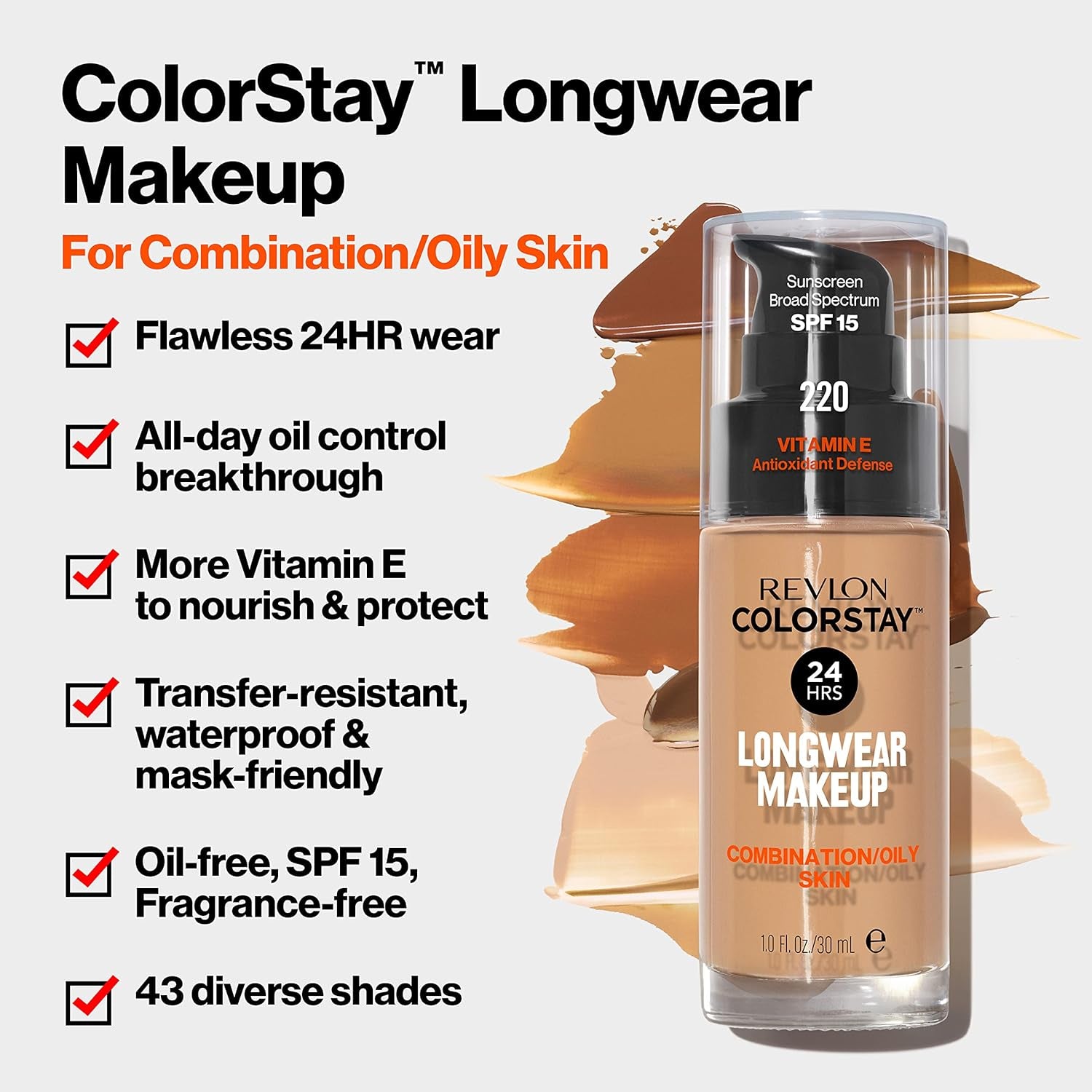 Liquid Foundation, Colorstay Face Makeup for Combination & Oily Skin, SPF 15, Longwear Medium-Full Coverage with Matte Finish, Natural Tan (330), 1.0 Oz