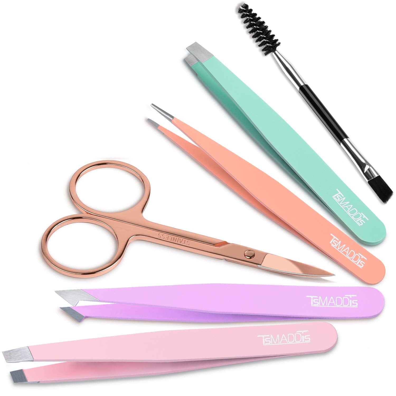 7 Pcs Tweezers Set, Tweezers for Women Facial Hair, Precision Tweezer for Eyebrows with Curved Scissors and Eyebrow Brush for Ingrown Hair