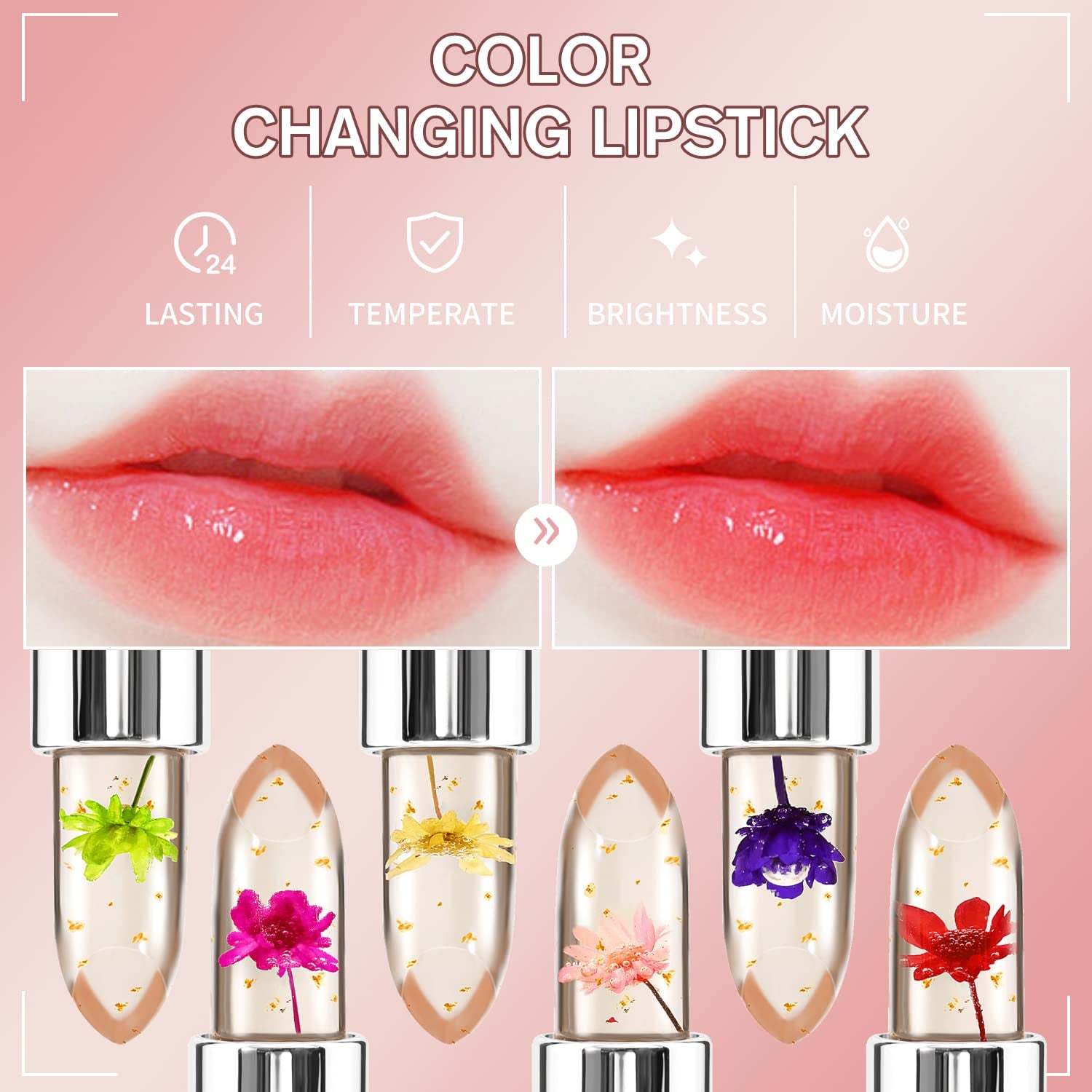 6 Pcs/Set Flower Jelly Lipstick Set Temperature Change Moisturizer Long Lasting Nutritious Balm Magic Color Change Lip Gloss